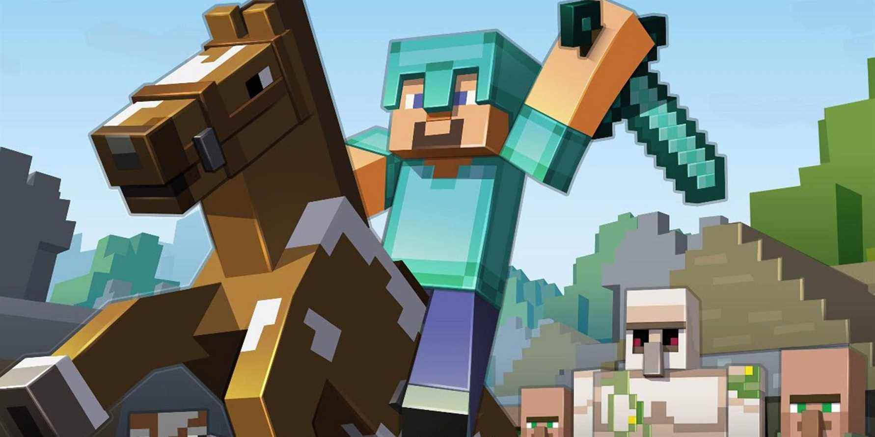 Image de Minecraft montrant Steve tenant une épée alors qu'il monte à cheval.