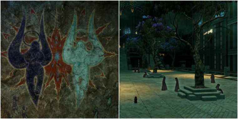 Split image of Hydaelyn, Zodiark, and Amaurot.