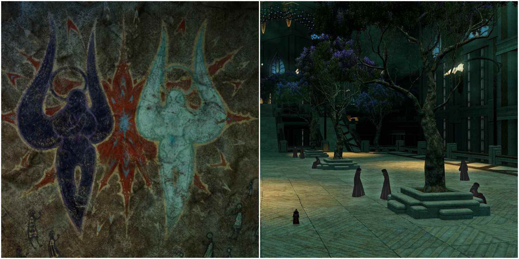 Split image of Hydaelyn, Zodiark, and Amaurot.