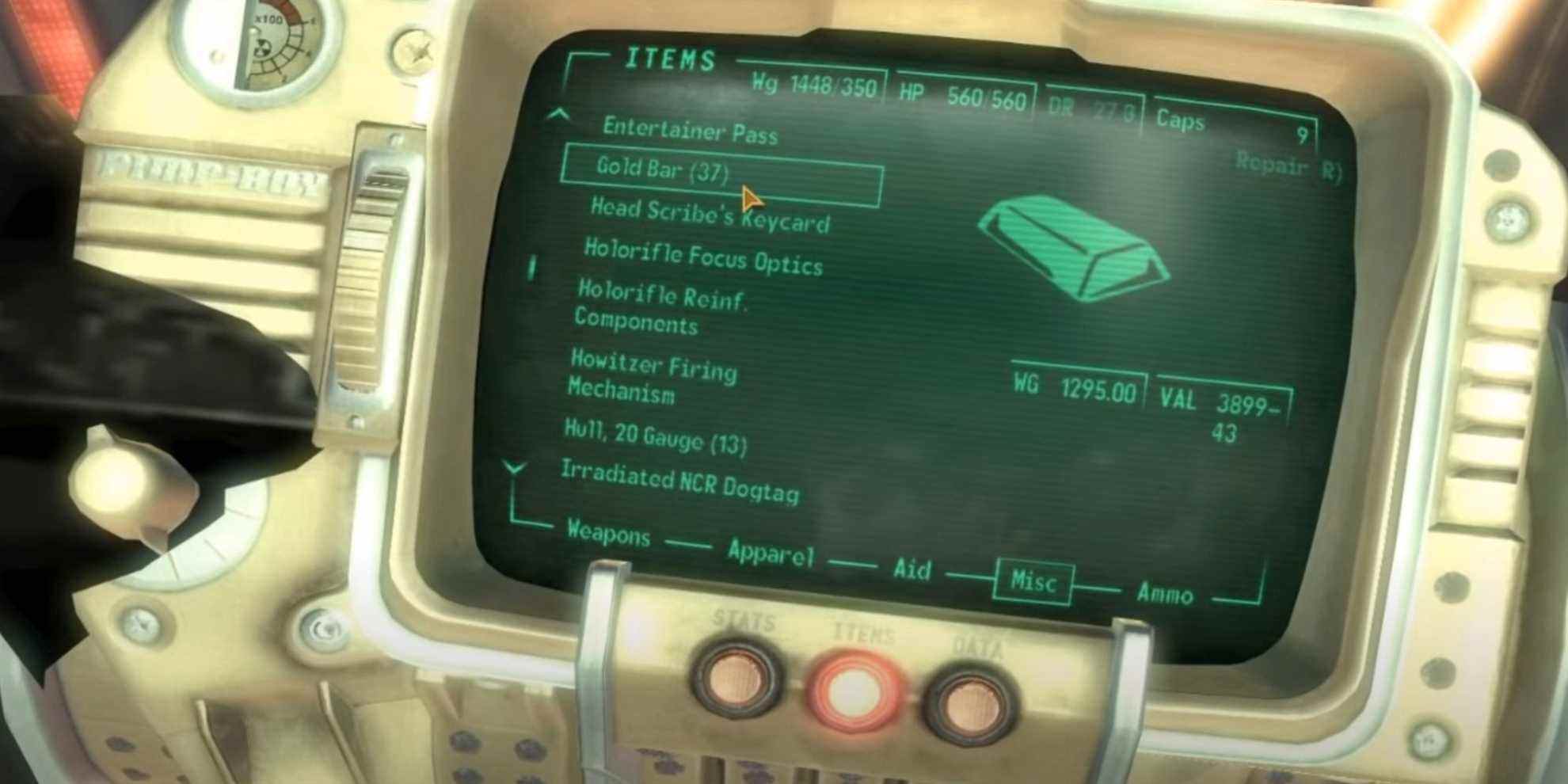 Lingots d'or Fallout New Vegas dans l'inventaire Pip-Boy