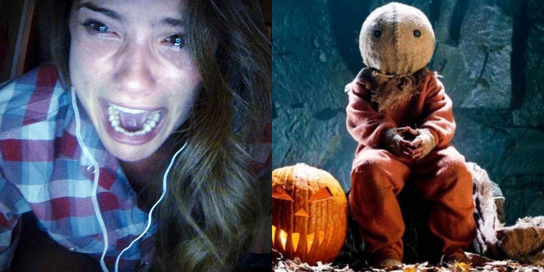 Split image of Blair yelling in Unfriended and Sam in Trick 'r Treat