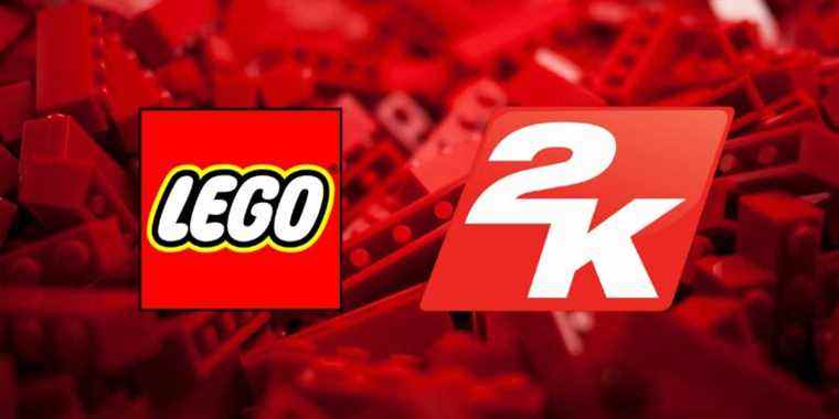 A lego and a 2K logo on a background of red Lego bricks