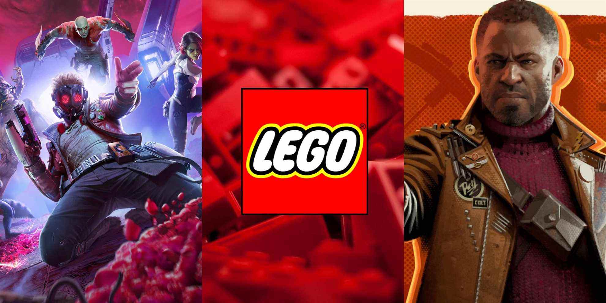 Star Lord, a Lego logo, and the main character from Deathloop