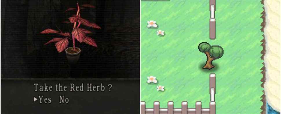 (Left) Red herb from Resident Evil 4 (Right) Small tree from Pokemon