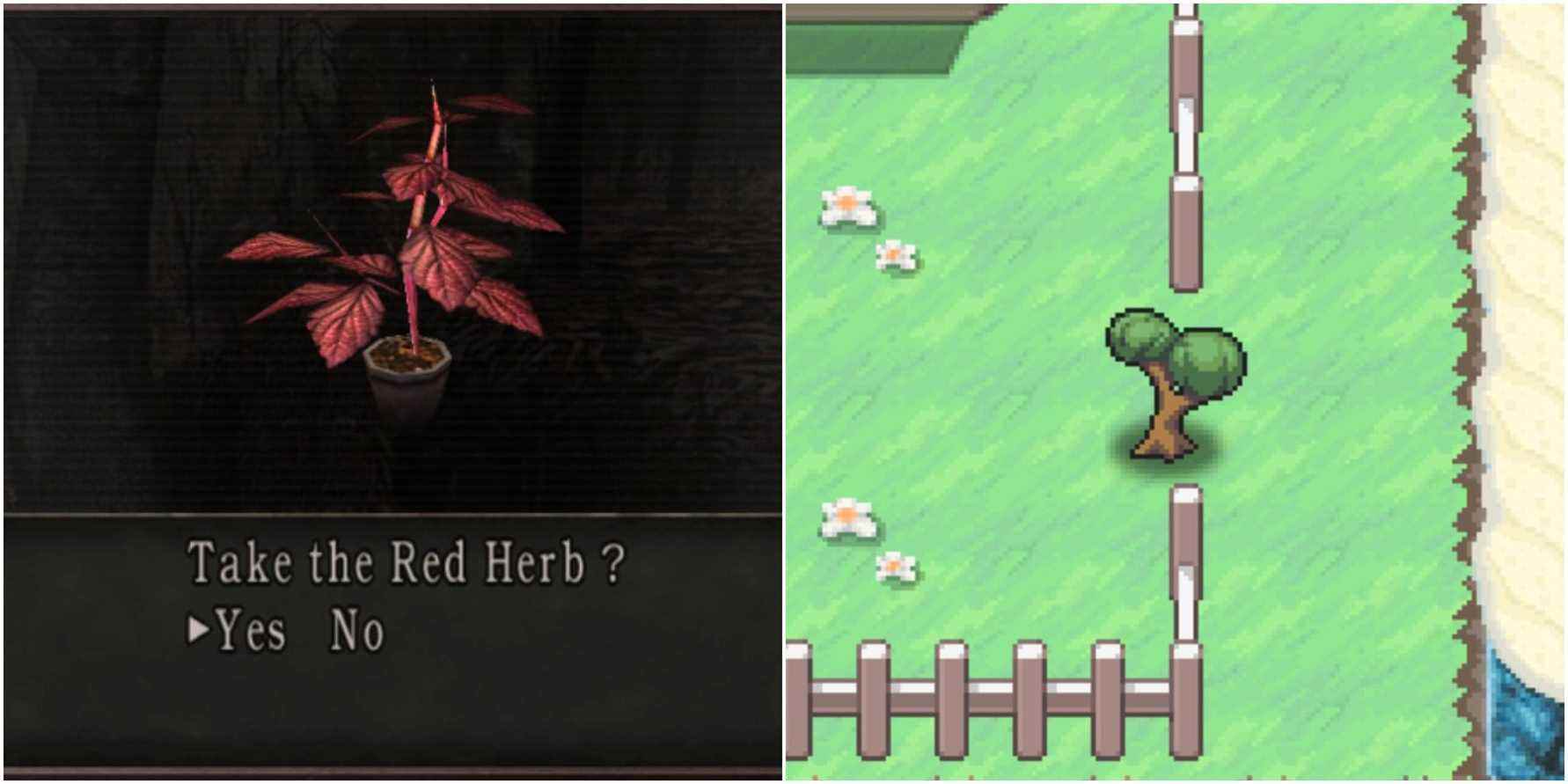 (Left) Red herb from Resident Evil 4 (Right) Small tree from Pokemon