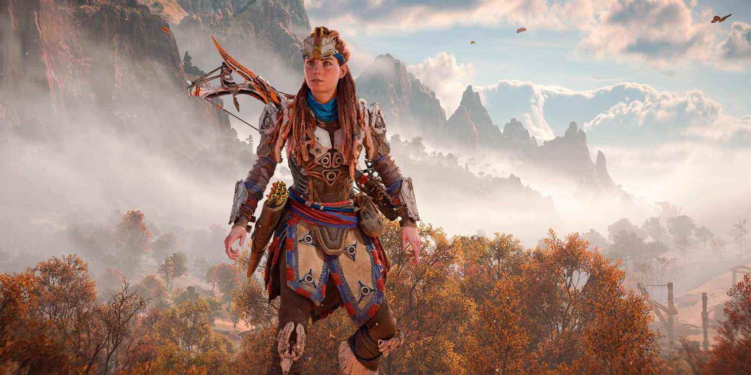 aloy dans sa tenue nora ointed avec des plaques de cuir et de métal avec des montagnes brumeuses et des arbres derrière au loin 