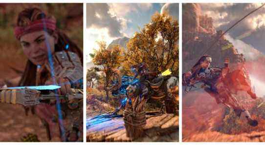 aloy pulling a sharp, blue arrow back; aloy riding a charger machine; aloy pulling herself up through the air with a rope