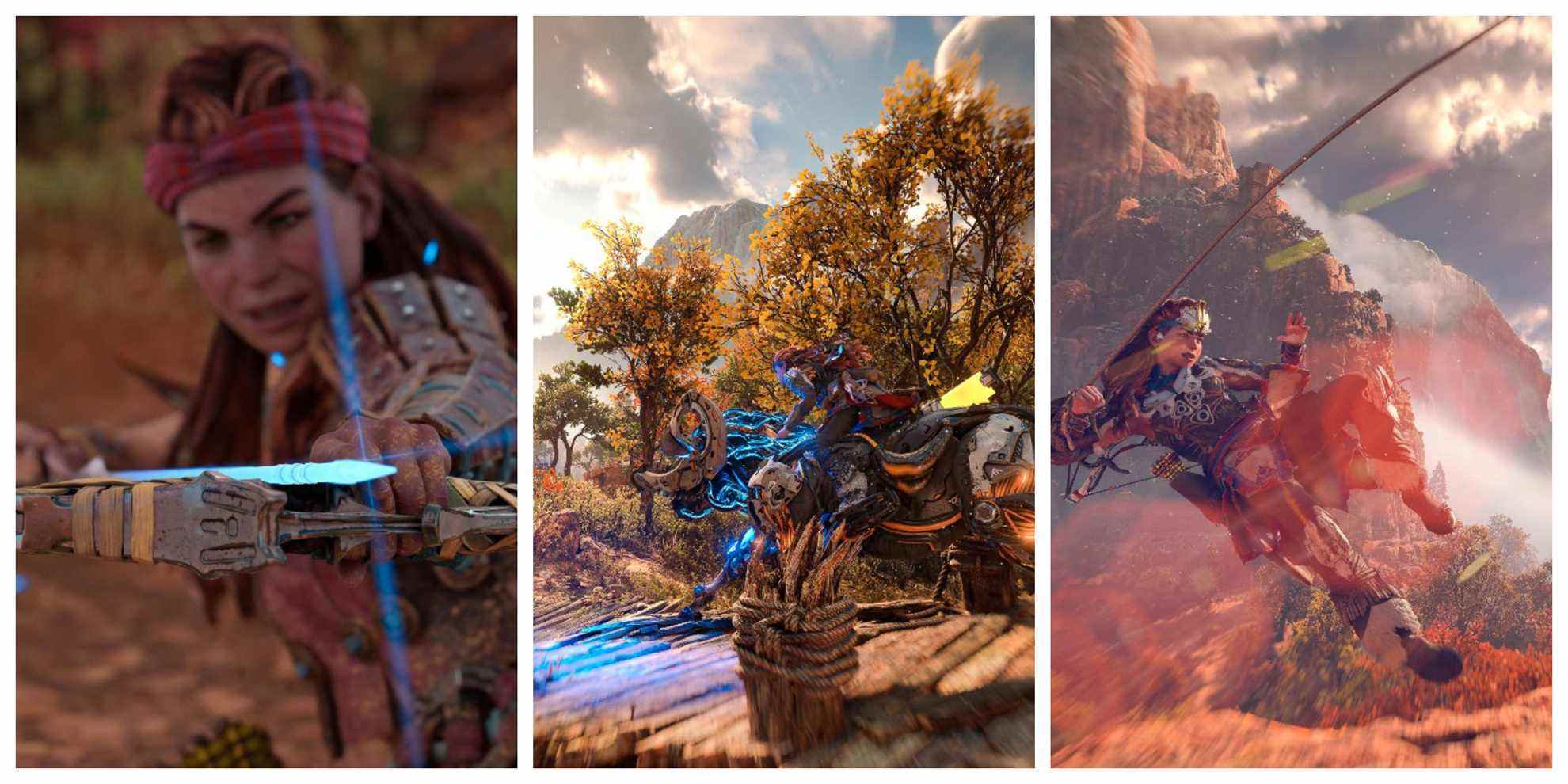 aloy pulling a sharp, blue arrow back; aloy riding a charger machine; aloy pulling herself up through the air with a rope