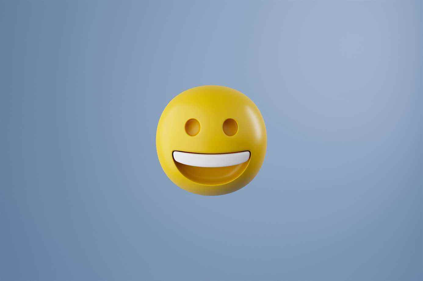 Infographie d'une émoticône emoji ronde souriante jaune isolée sur fond bleu pastel.  Émoticône visage heureux.