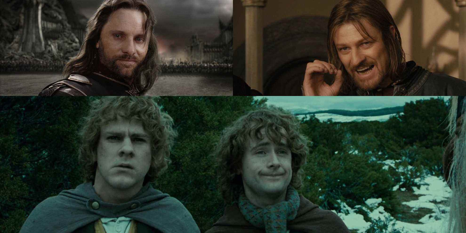 Film stills of the Lord of The Ring Triliogy featuring Aragorn, Boromir, Meriadoc Brandybuck, and Pippin Took.