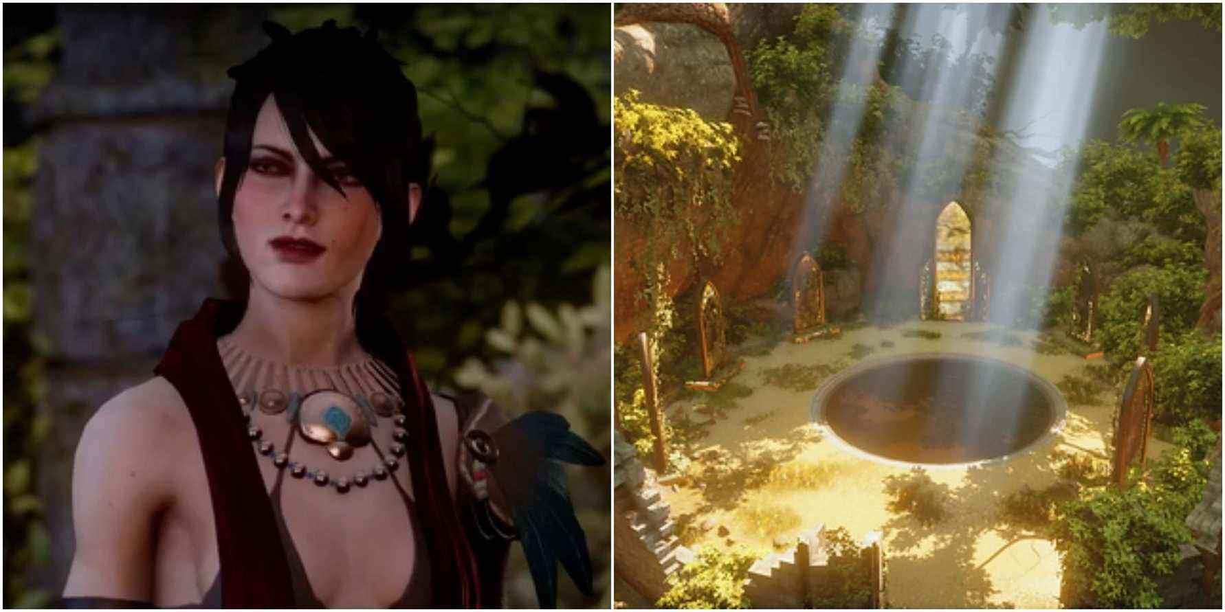 Split image of Morrigan and the well.