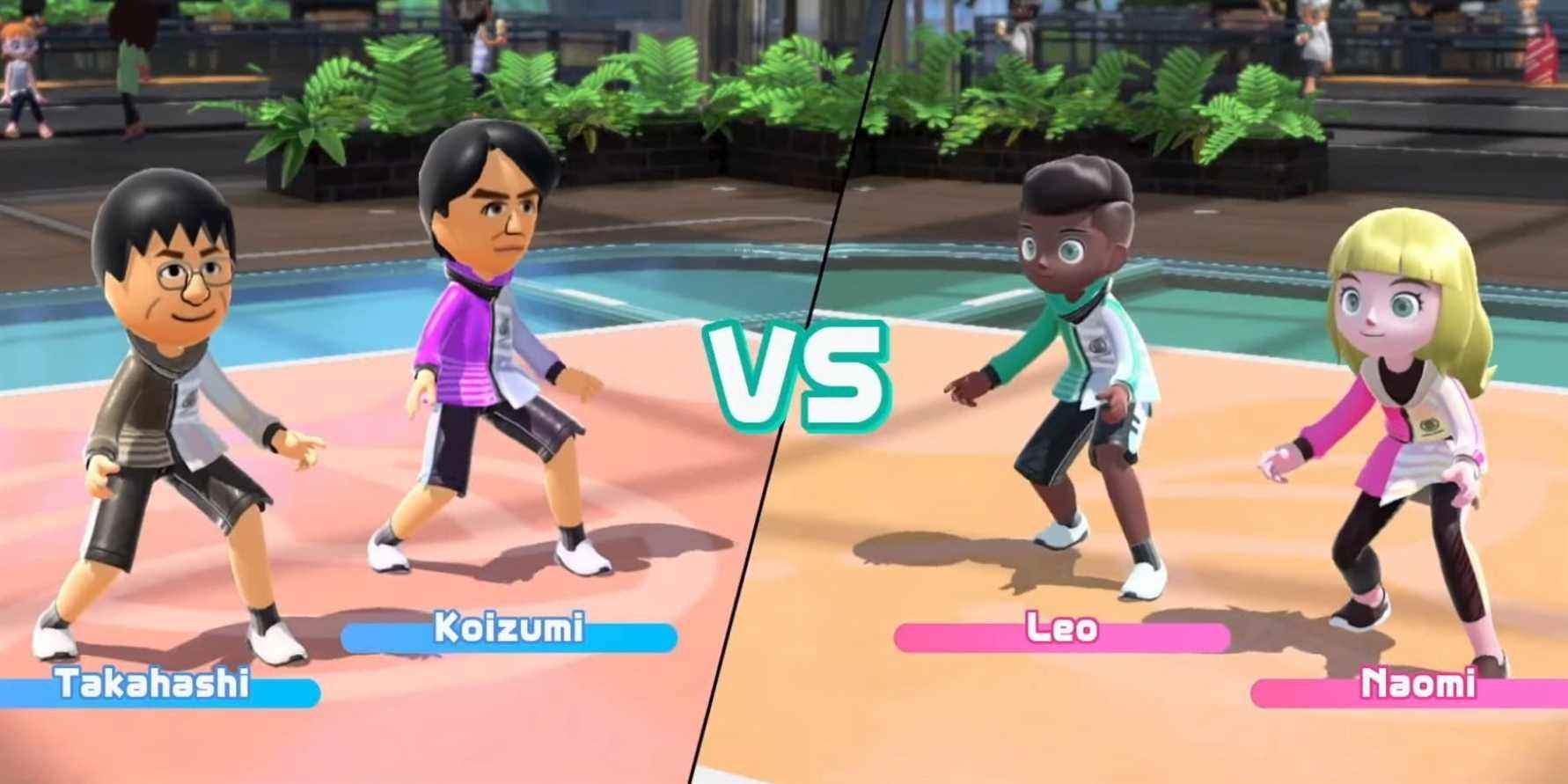 Yoshiaki Koizumi and Shinya Takahashi's Miis playing volleyball against NPCs in Nintendo Switch Sports