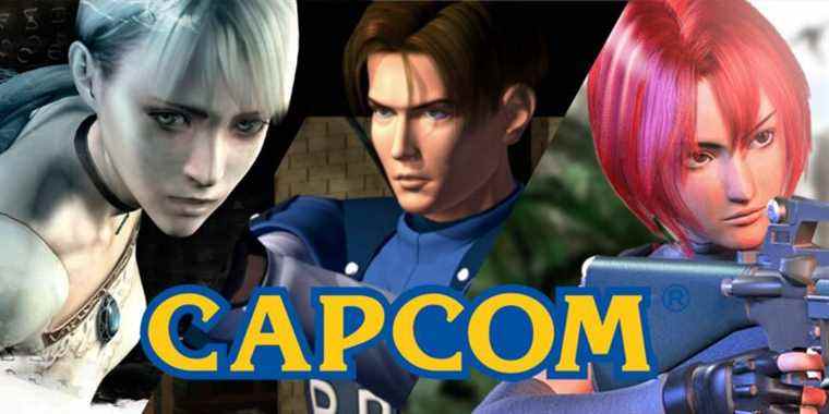 Capcom logo in front of Leon from Resident Evil, Fiona from Haunting Ground, and Regina from Dino Crisis