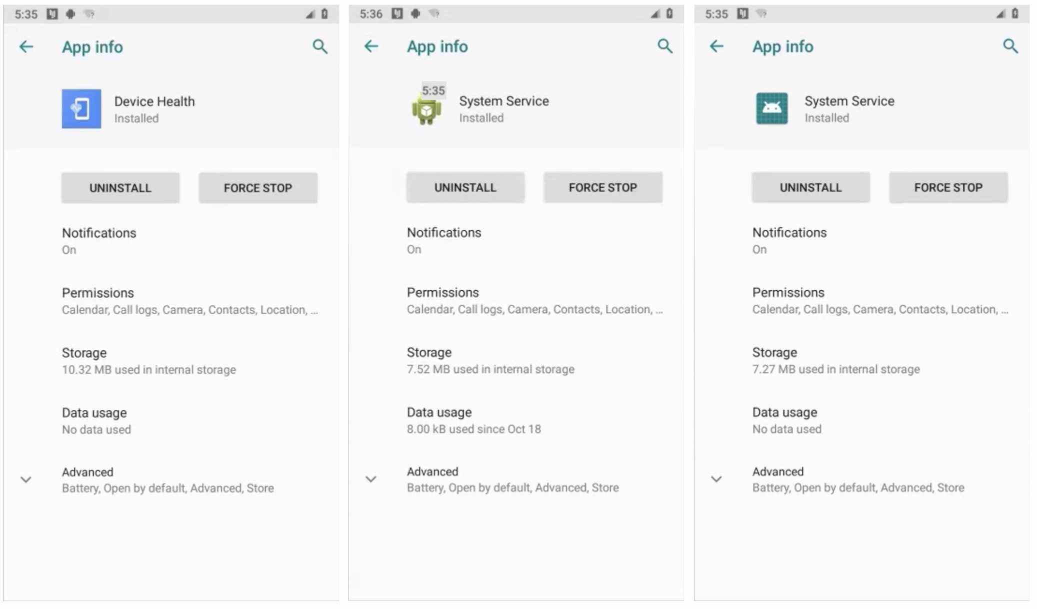 Trois captures d'écran d'applications de logiciels espions, nommées "Santé de l'appareil" et "Service système."