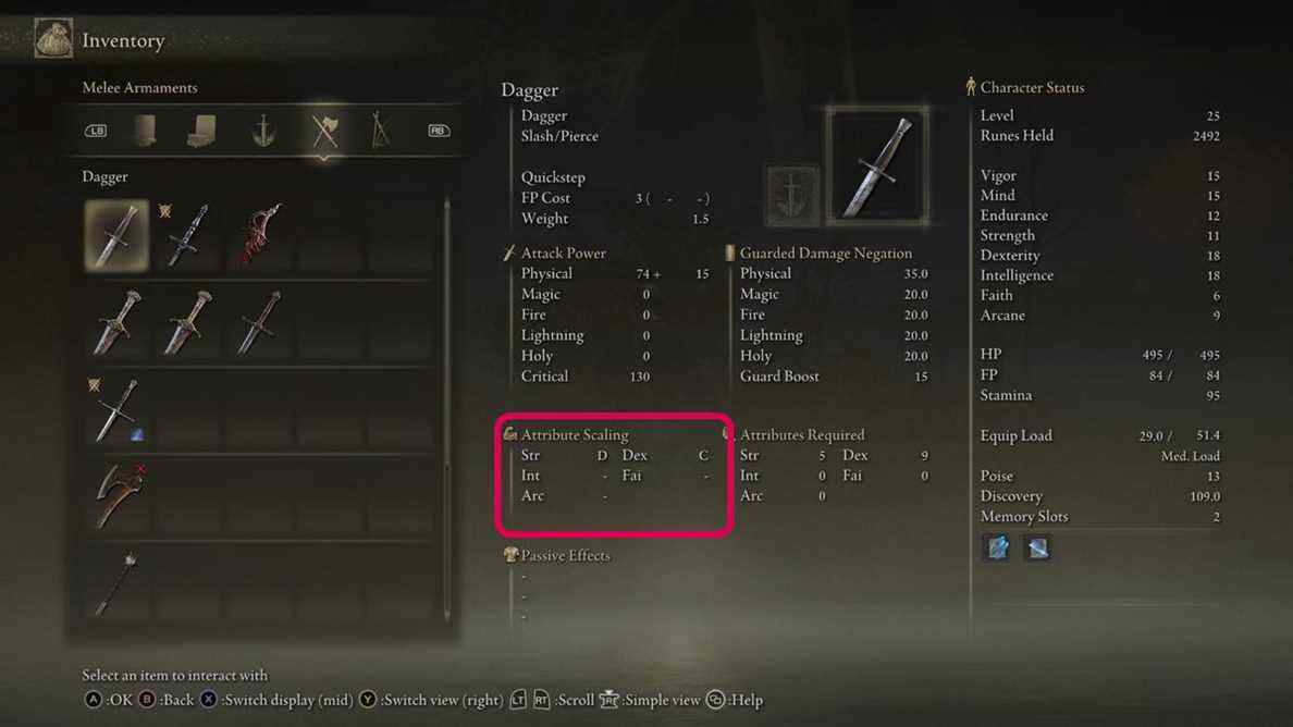 Le menu de la dague Elden Ring, montrant l'échelle des attributs en fonction de la force et de la dextérité