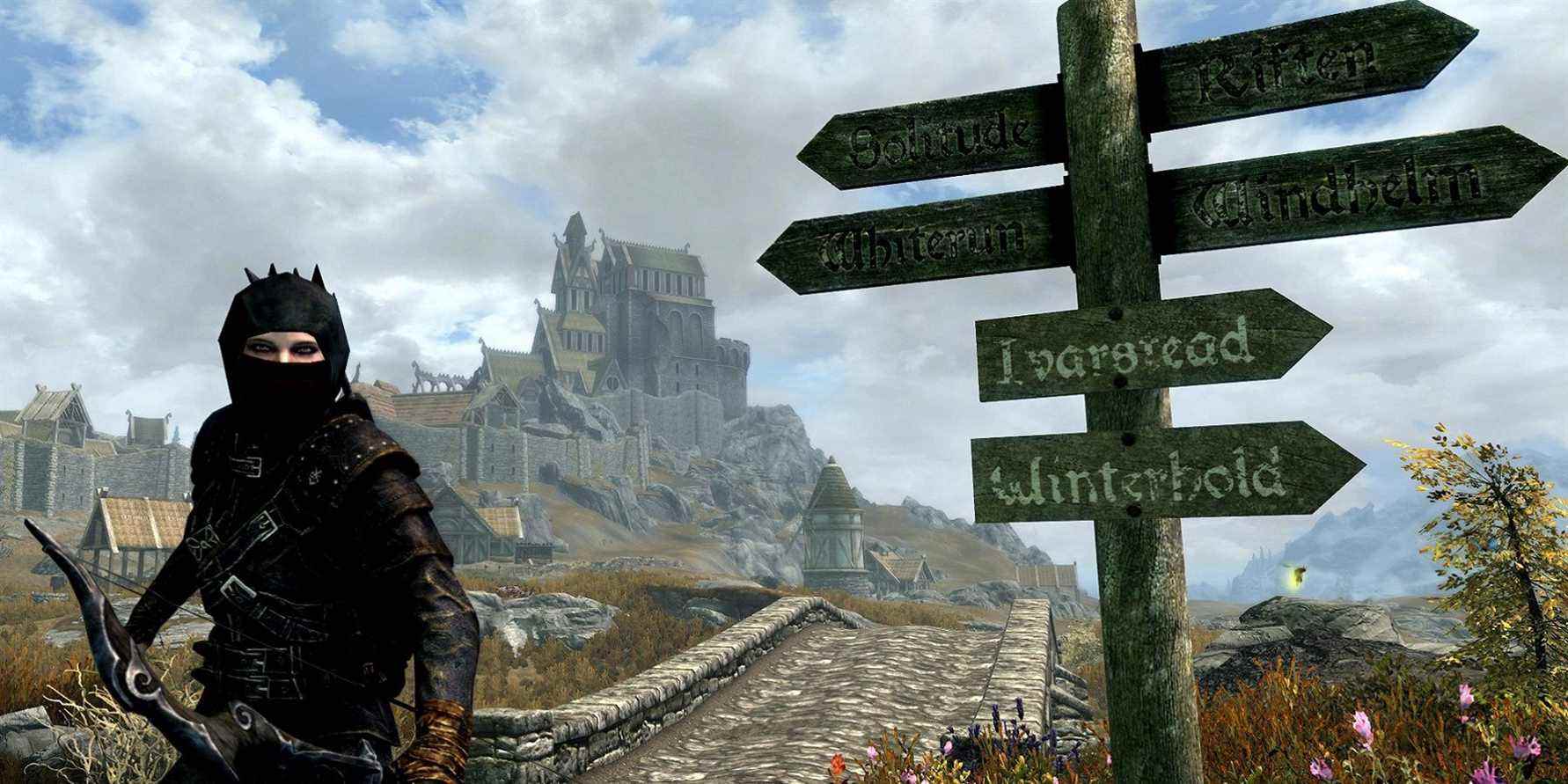 A screenshot from Elder Scrolls 5: Skyrim showing a stealth character next to a sign post just outside Whiterun.