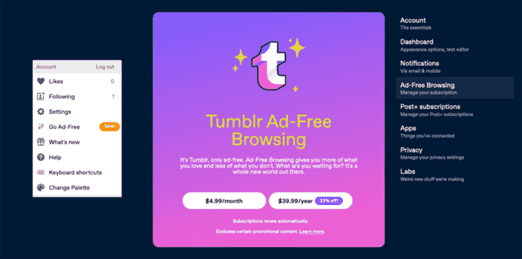 Si vous donnez 4,99 $ par mois à Tumblr, vous n’aurez plus à voir de publicités