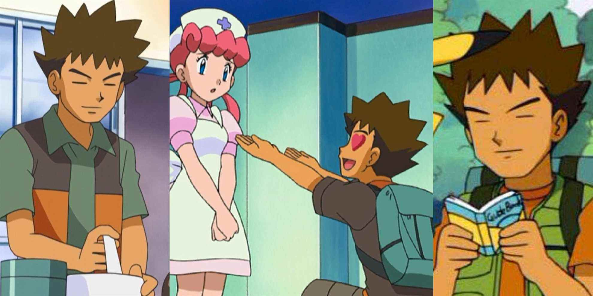 Brock making Pokemon food; Brock professing his love for Nurse Joy; Brock reading a book while traveling with Ash