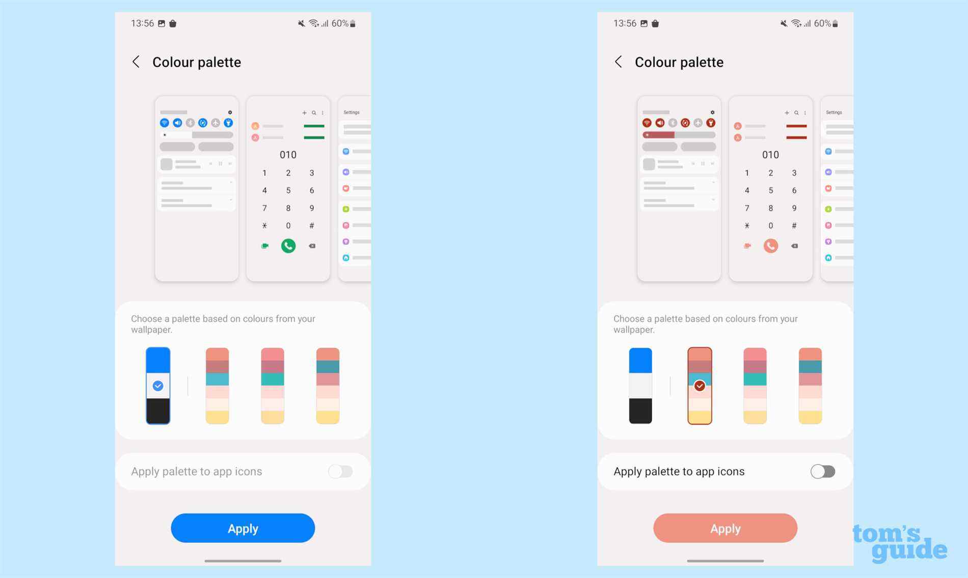 Une capture d'écran du menu des paramètres du Samsung Galaxy S22, montrant les paramètres de la palette de couleurs