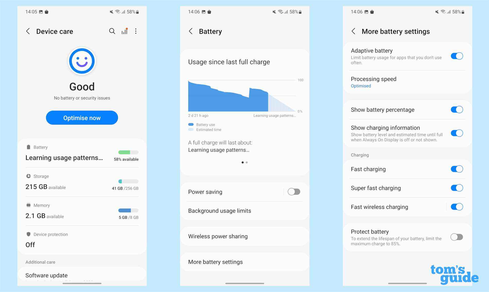 Une capture d'écran du menu des paramètres du Samsung Galaxy S22, montrant la batterie et les options de charge