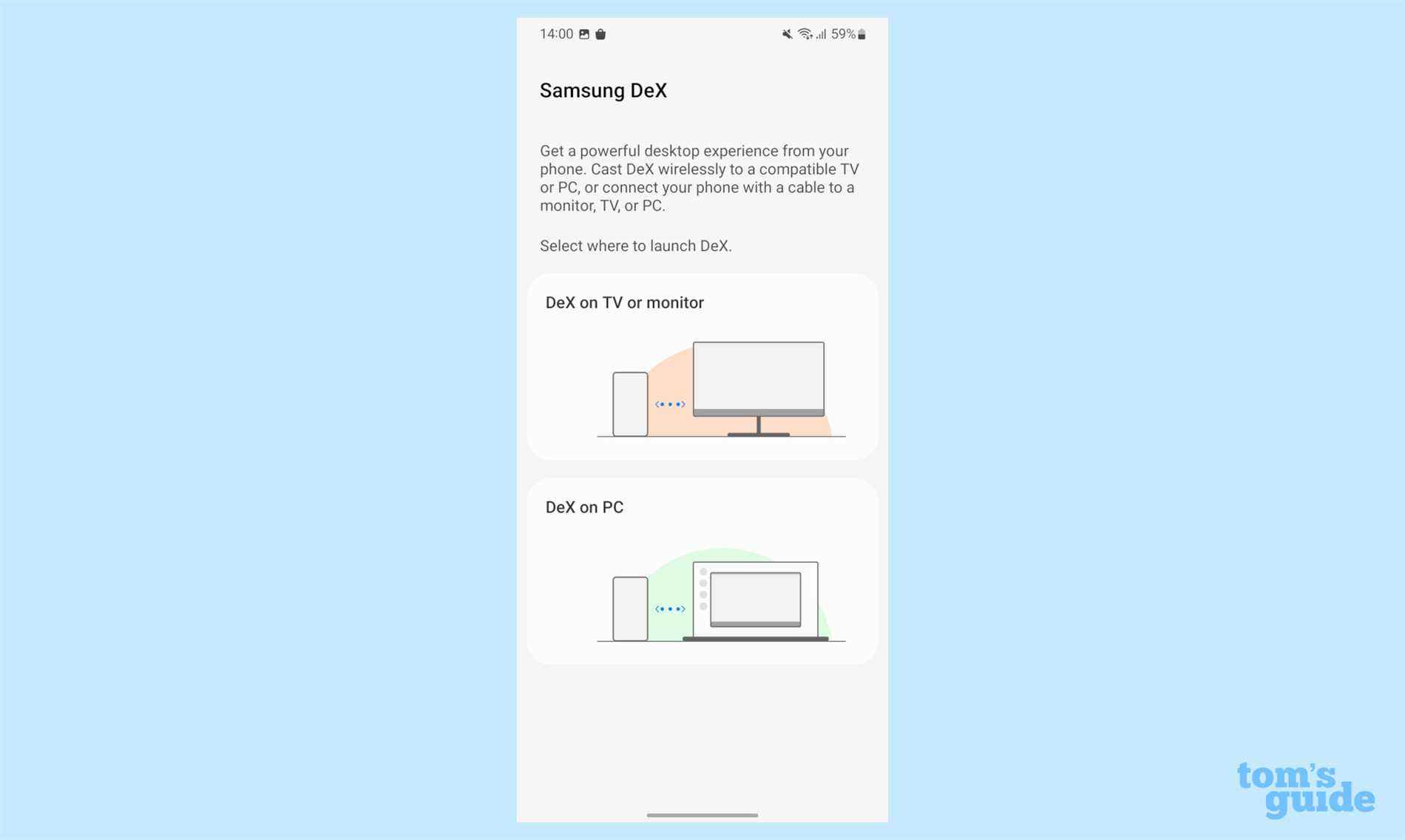 Une capture d'écran du menu des paramètres du Samsung Galaxy S22, montrant les options de configuration du Samsung DeX