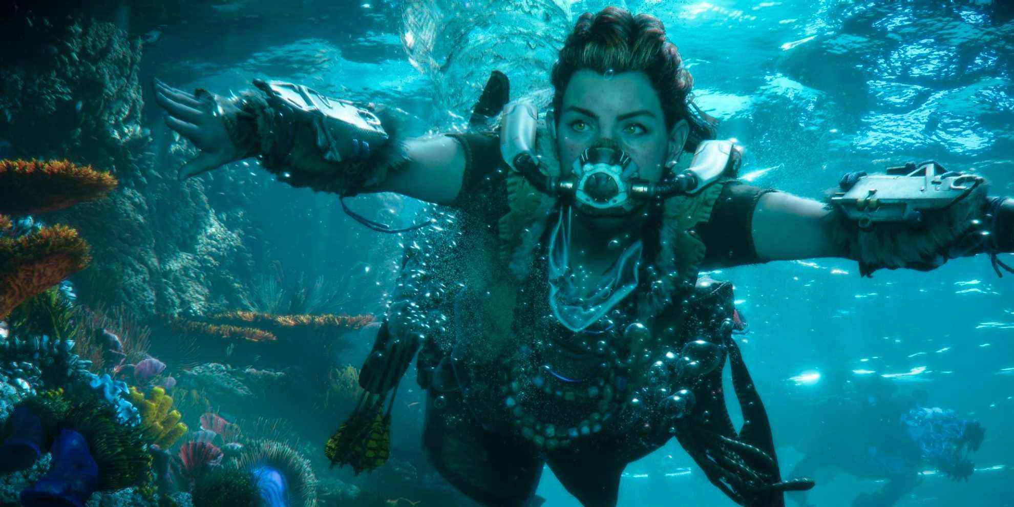 A screenshot showing Aloy swimming in Horizon Forbidden West