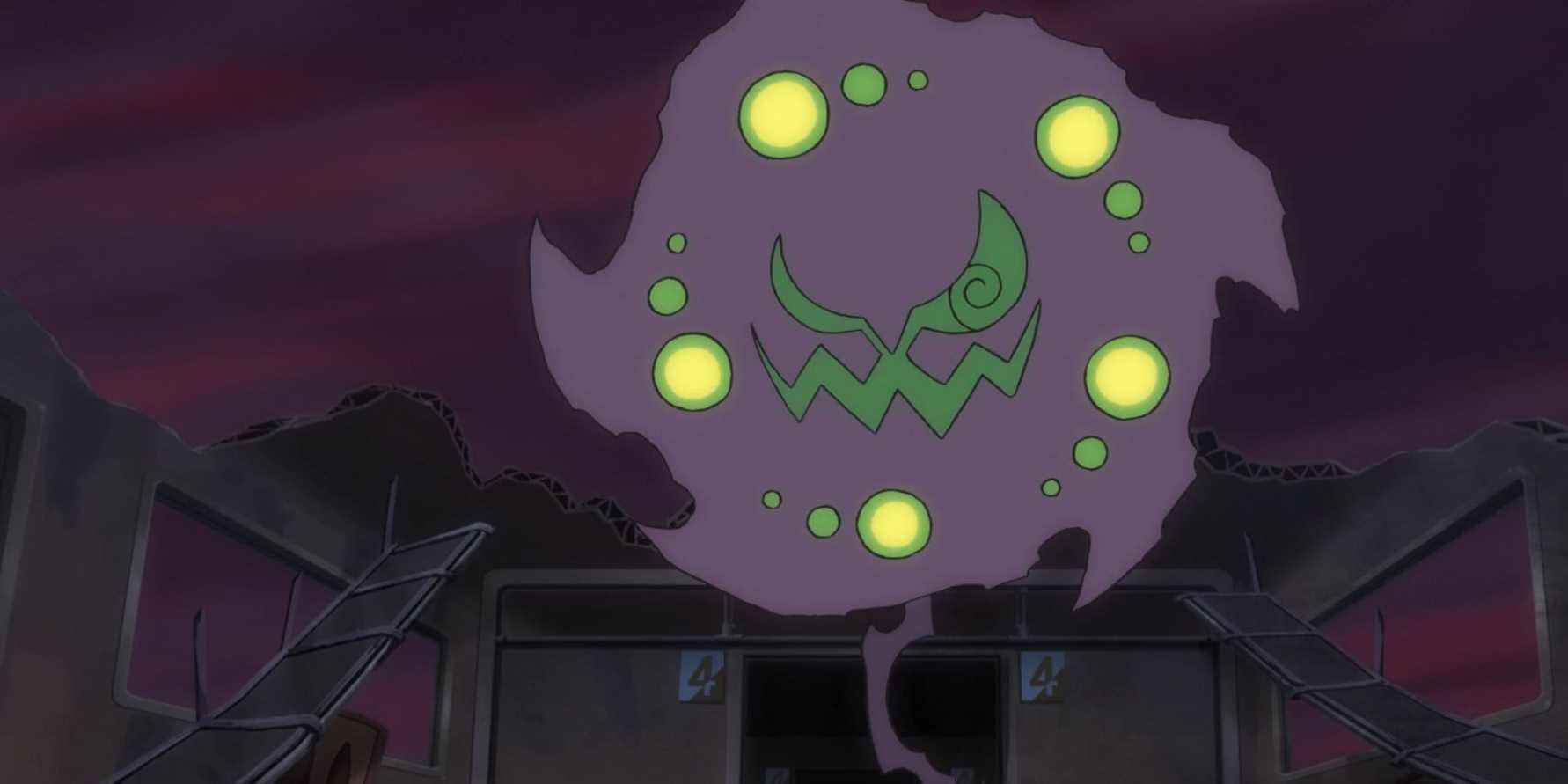 Spiritomb s'élevant au-dessus d'un bâtiment en ruine dans l'anime Pokemon Journeys