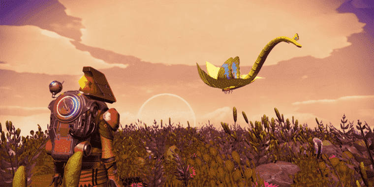 Screenshot from No Man's Sky showing the Traveller on a planet with a flying dragon-like creature hovering above the ground.