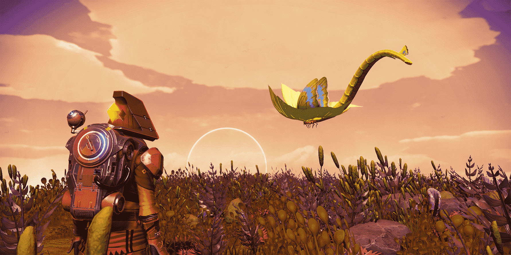 Screenshot from No Man's Sky showing the Traveller on a planet with a flying dragon-like creature hovering above the ground.