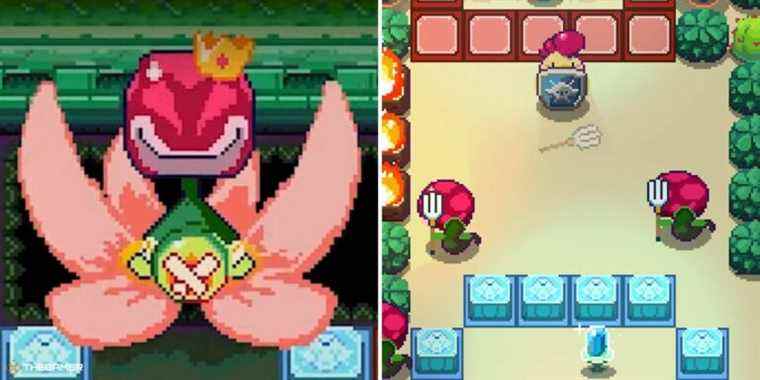 Super Dungeon Maker - boss on left, player facing enemies with shield on right