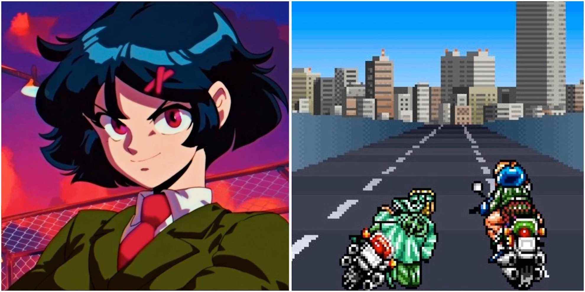 Misako and riding a motorcycle in co-op in River City Girls Zero