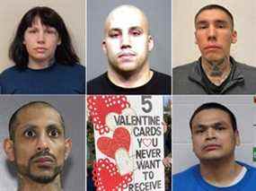 Metro Vancouver Crime Stoppers a publié une liste de ses cinq valentins les moins recherchés (dans le sens des aiguilles d'une montre à partir du haut à gauche) : Michelle Arcand, Conor D'Monte, Daniel Dumas, Jeremy Maxine George et Amardip Singh Rai.  2022.