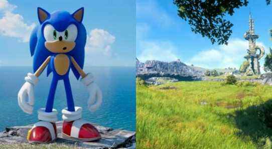 Sonic standing at the edge of a cliff next to the Starfall Islands landscape in Sonic Frontiers