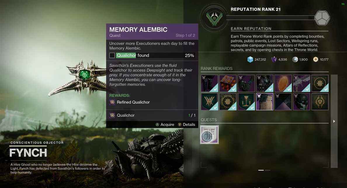 Écran de quête Destiny 2: The Witch Queen's Memory Alembic. 