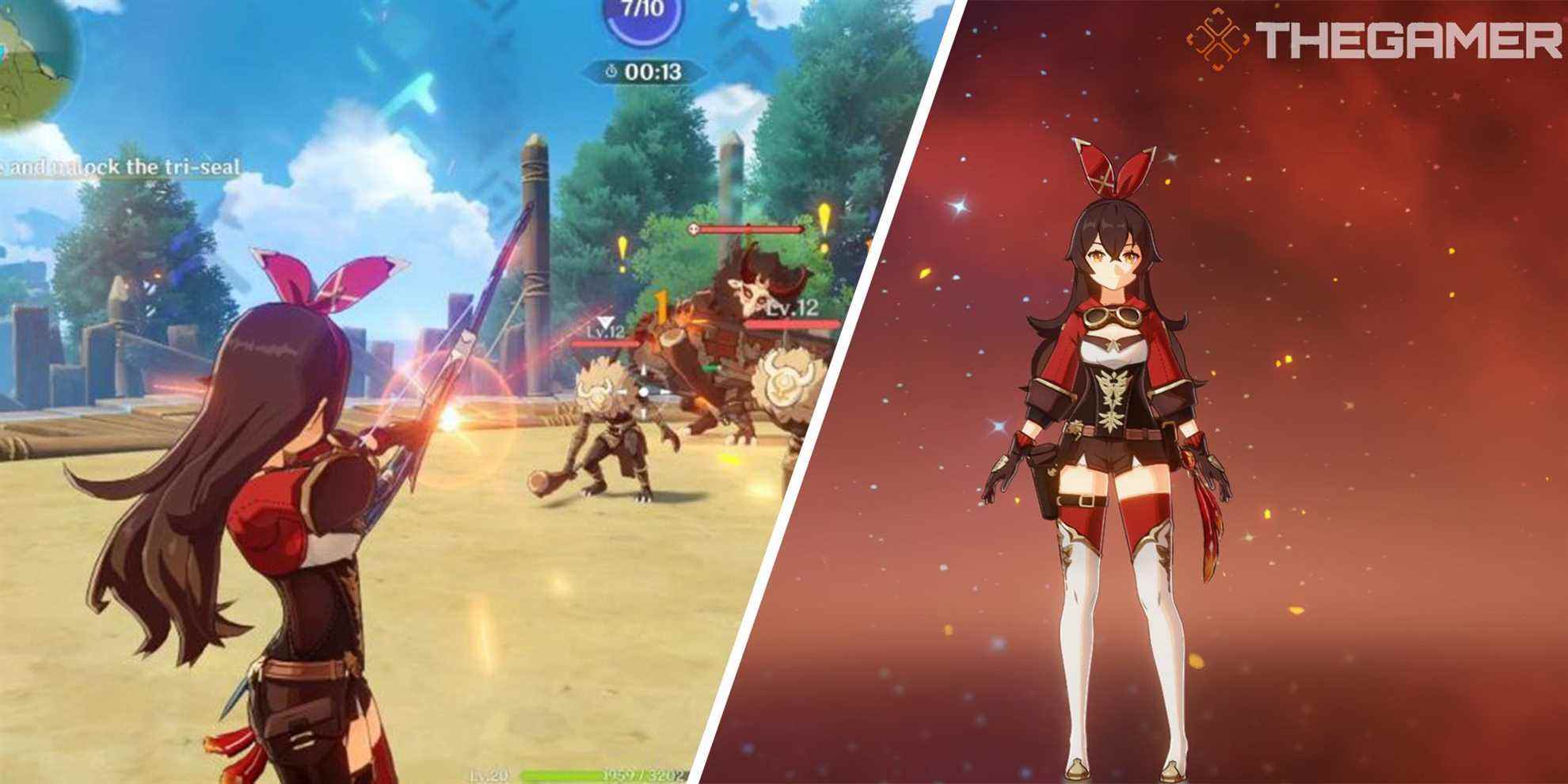 amber fighting hilichurls and on character screen split image