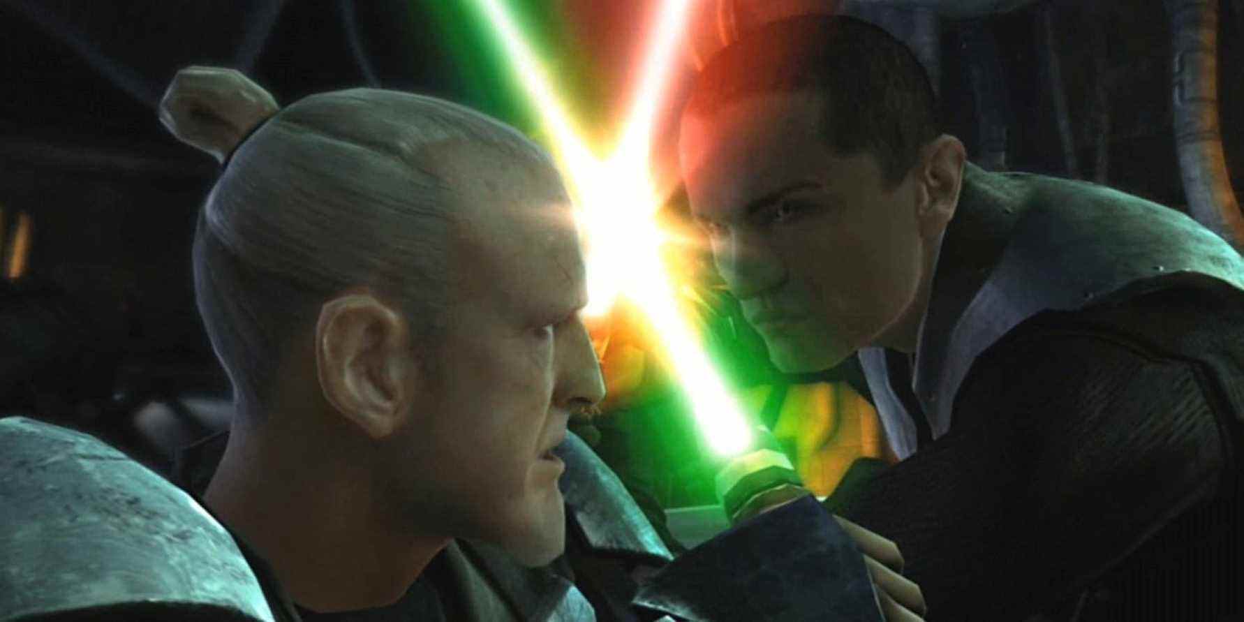 Rahm Kota and Starkiller locking lightsabers in Star Wars: The Force Unleashed