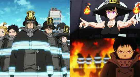 Image of the complete Fire Force team, Maki Oze, and Shinra Kusakabe.