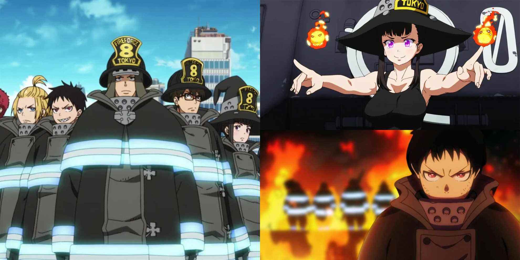 Image of the complete Fire Force team, Maki Oze, and Shinra Kusakabe.