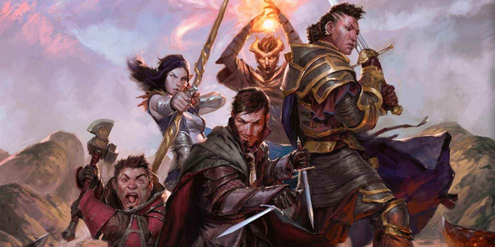 Groupe d'aventuriers Dungeons & Dragons brandissant des armes avec un cheval