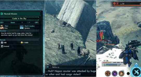 Xenoblade Chronicles X Castle in the Sky split image of mission description, Bobora, and Jacul Ire flying