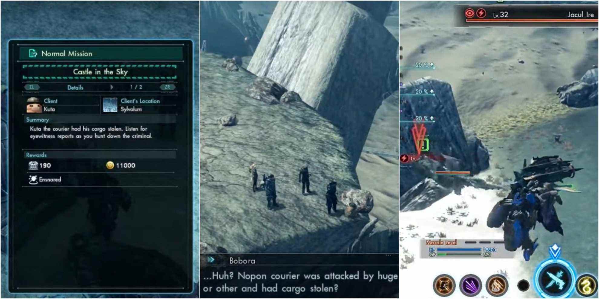 Xenoblade Chronicles X Castle in the Sky split image of mission description, Bobora, and Jacul Ire flying