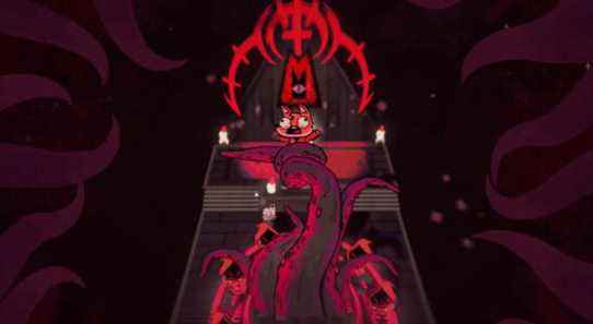 A tentacle monster pulls a fox character into a portal in Cult of the Lamb.