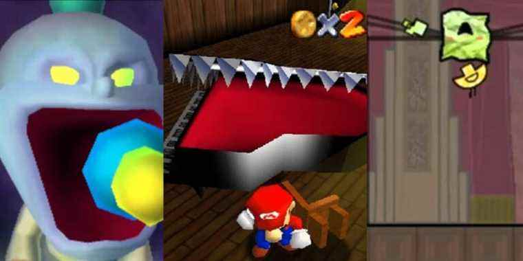 Chauncey screaming in Luigi's Mansion 3D; the Mad Piano attacking Mario in Super Mario 64; Mimi's transformed form in Super Paper Mario