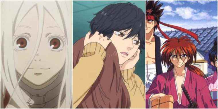 left to right: screenshots of Deadman Wonderland, Blue Spring Ride, Rurouni Kenshin