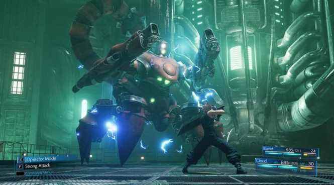 Capture d'écran en jeu de Final Fantasy 7 Remake Part 1 de Cloud combattant le premier boss.