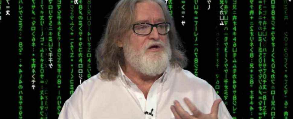 Gabe Newell against a Matrix code background.