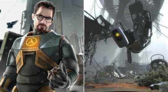 Split image showing Gordon Freeman from Half-Life 2 on the left, and GLaDOS from Portal 2 on the right.