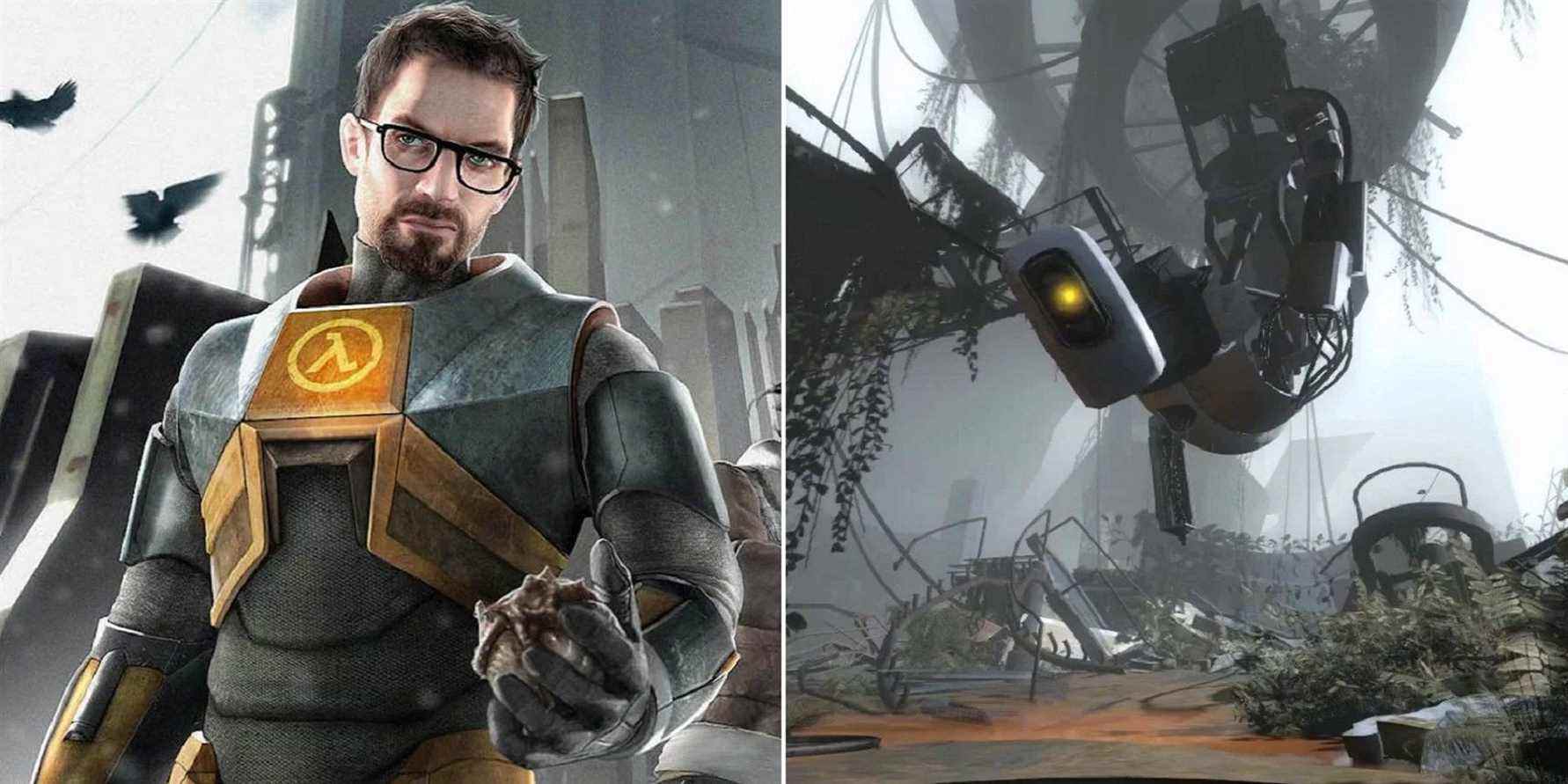 Split image showing Gordon Freeman from Half-Life 2 on the left, and GLaDOS from Portal 2 on the right.