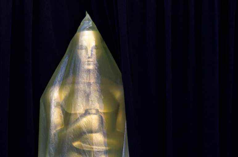 Covered in plastic, an Oscar statue