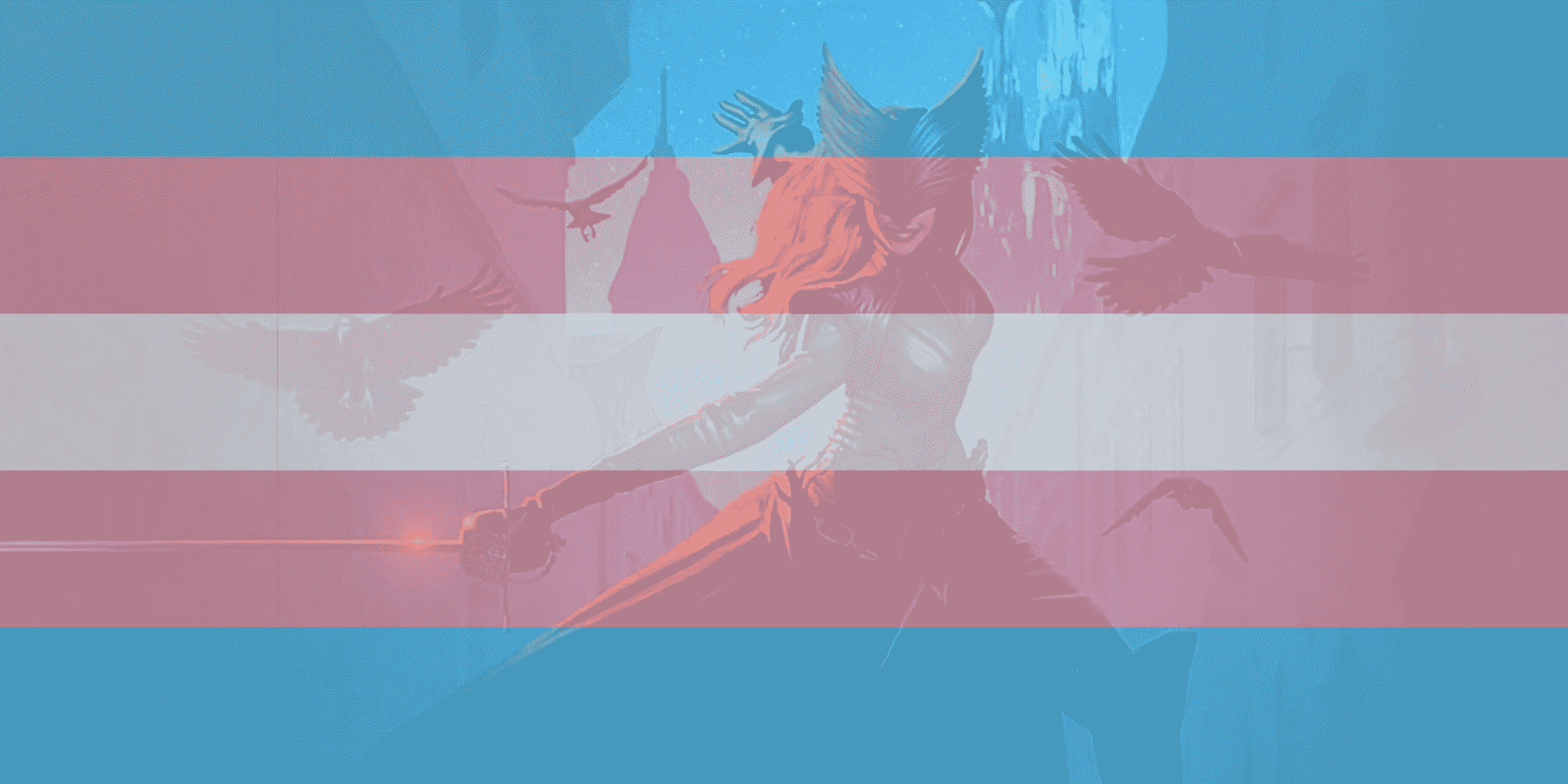 Dragon Age 4 key art with a trans flag over it